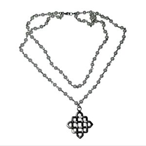 Double Strand Faux Pearl Neckalce Silver-Tone Chain Large Weaved Metal Pendant